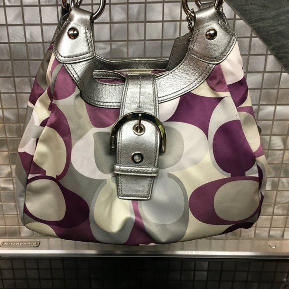 Coach Handbags - Coach Cloth Color Block Handbag, Silver & Purple